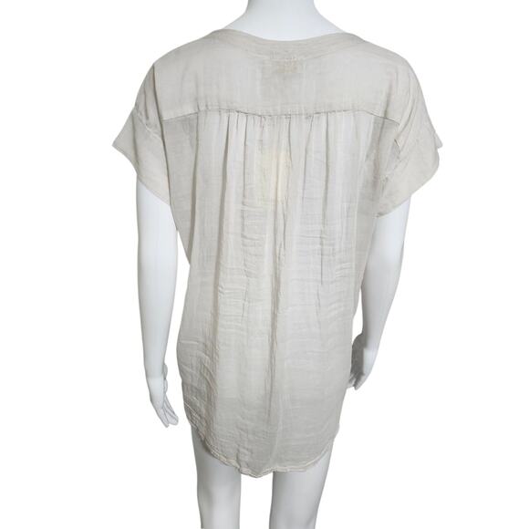 Momoni Medium Peasant Cotton Silk Sheer Lagenlook Blouse Beige Hi Low Hem Top - Picture 6 of 10